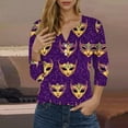 thumbnail image 2 of Moxiu Mardi Gras Blouses for Women New Orleans Carnival Theme Shirts 3/4 Sleeve Henley Buttons V Neck Blouse Tshirt Parade Costume Tops 2025 Purple,L, 2 of 5