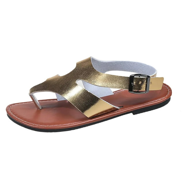 Gold Female Casual Round Head Sandals For Summer Wear And Vacation Outings With Supportive Footbed