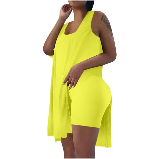 Conjuntos de trajes de mujer de talla grande, trajes de 2 piezas, Tops sueltos sin mangas, pantalones cortos de motorista con cuello en U ajustados informales, conjuntos de chándal Odeerbi ODB-2