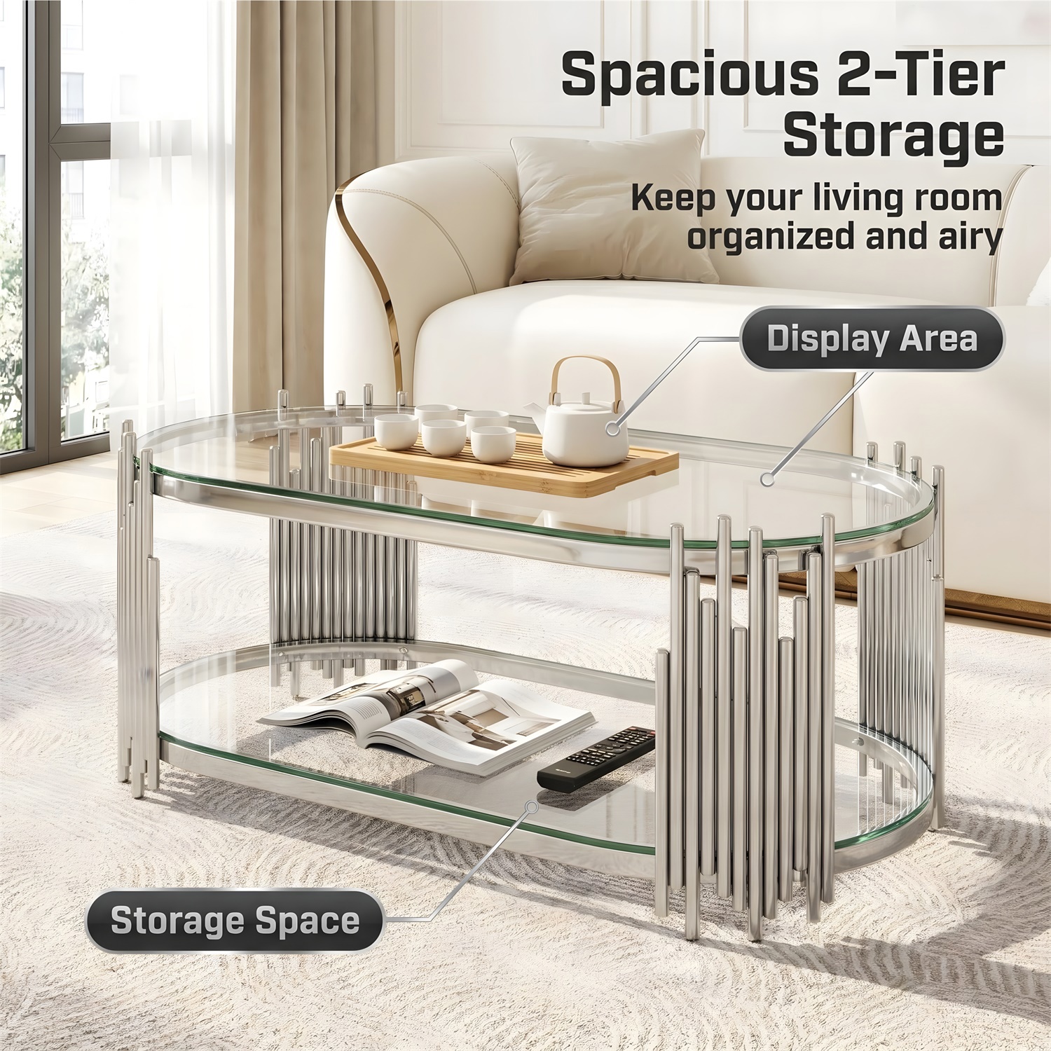 Hommoo Modern Oval Coffee Table with 2-Tier Tempered Glass Shelves, Polished Stainless Steel Frame, Organ Pipe Design, Living Room Center Table, Sliver