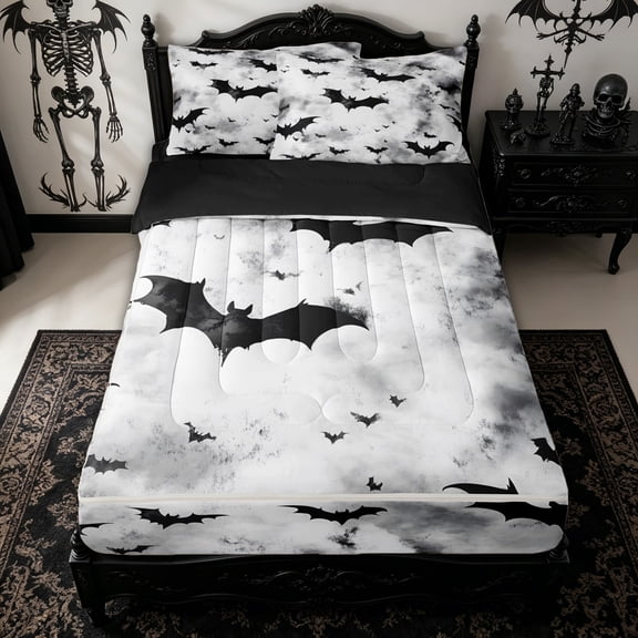 Homewish Watercolor Bat Silhouette Zipper Full Size Comforter Sets with Fitted Sheet and 2 Pillowcases for Kids, Halloween Spooky Animal Zipper Bedding Set, Black Reversible, 4 Pieces