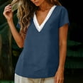 thumbnail image 3 of Cotton Linen Shirts for Women Summer Lace Trim V-Neck Tunic Tops Loose Fit Short Sleeve Tops Casual,Navy,XXL, 3 of 8