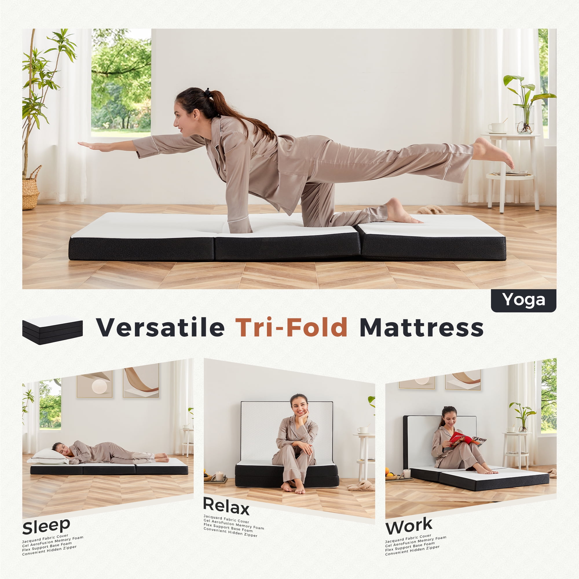 EDX Folding Mattress, 4 inch Tri-fold Memory Foam Mattress Topper for Camping, Foldable Mattress Topper with Washable Cover, Single Size, White, Perfect for Guests or Travelers