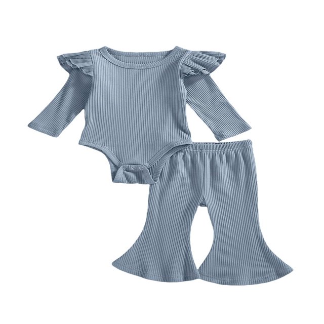 Baby Boy Girl Solid Color Cotton Knitted Ruffle Long Sleeve Romper Top Drawstring Pants