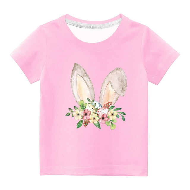 Penkiiy T-Shirts de Pâques pour Enfants Garçons Filles Mode Oreilles de Lapin de Pâques Imprimé Col Rond Manches Courtes 3 Ans Rose