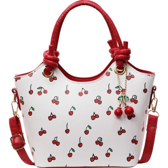 Hfppkn Cherry Print PU Leather Tote Bag Detachable Strap Crossbody Handbag for Work Travel 23x17x9cm Red