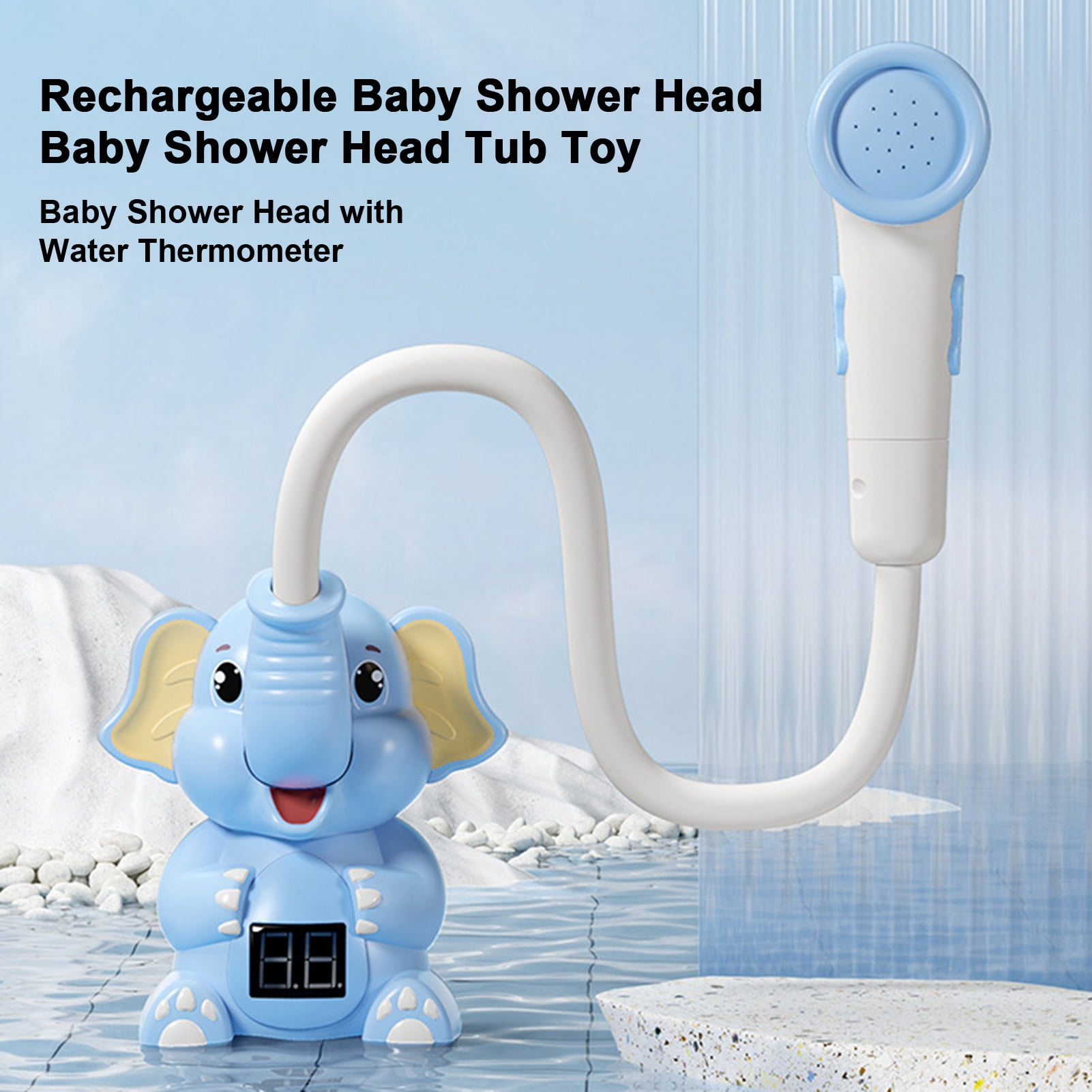 BAELLERT Elephant Baby Bath Shower Head with LCD Display Water Thermometer Electric Rechargeable Bathroom Showerhead Sprayer Toddlers Infants Tub Toy Boys Girls Gift