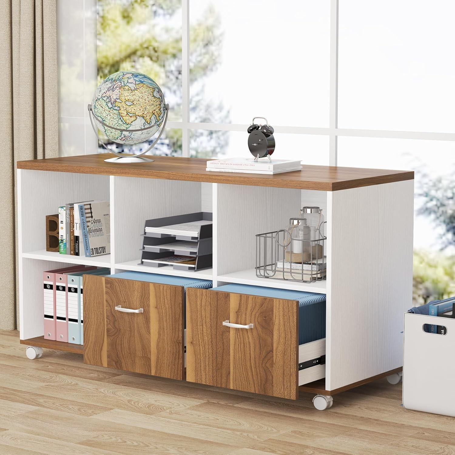 Tribesigns Mobile Lateral File Cabinets with 2 Drawers and 4 Storage Cubes (Brown and White)