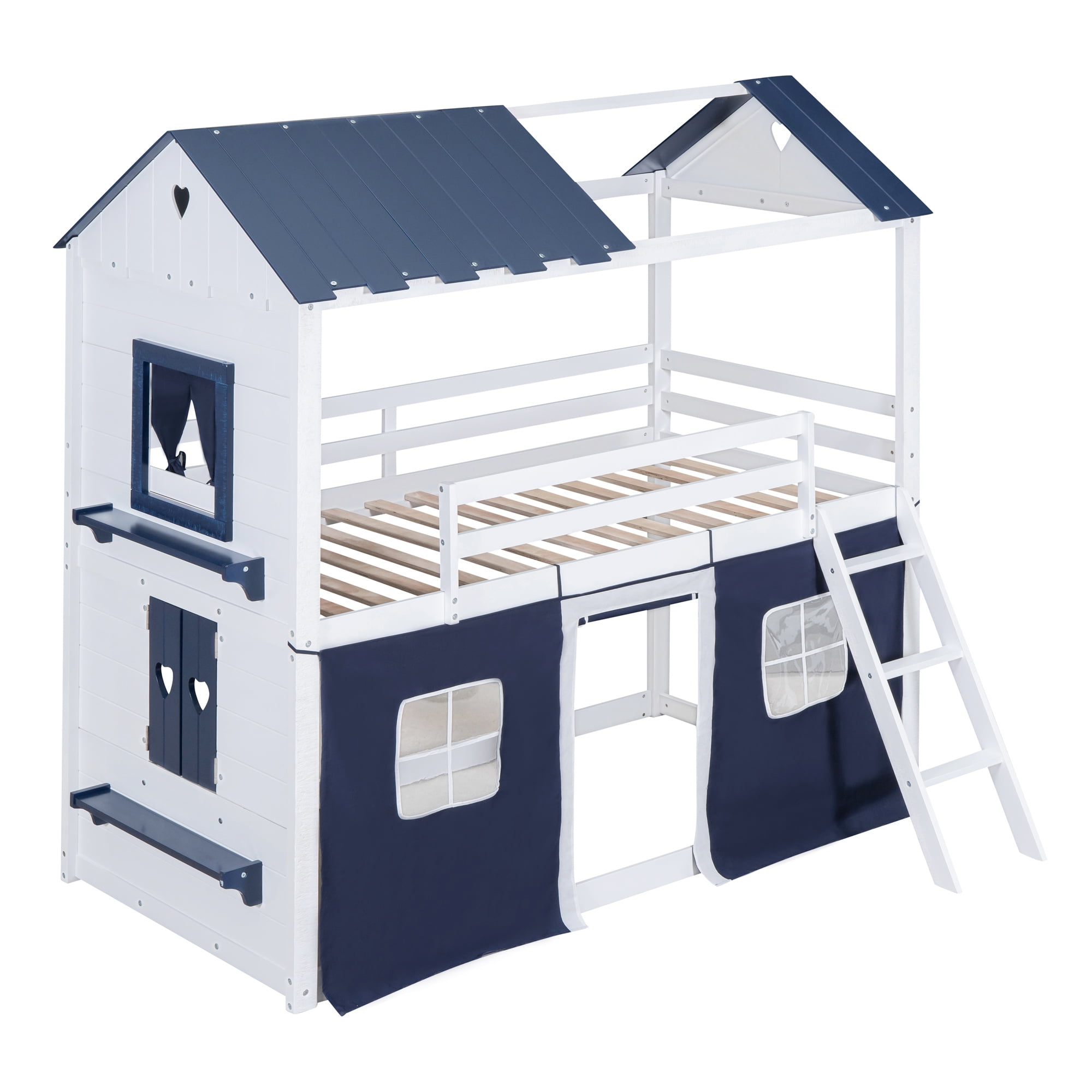 Euroco Twin over Twin Size Bunk Bed, House Bed with Ladder and Tent for Kids Teens, Blue