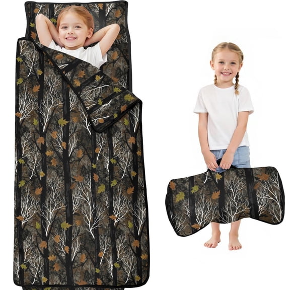 Camo and Tree Black Pattern Teens Toddler Nap Mat with Pillow, Sleeping Mat Bag for Preschool Daycare 59"x22"