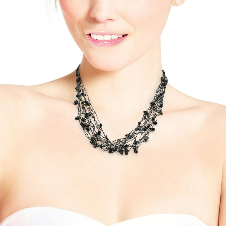 AeraVida Elegant Black Onyx & Crystals on Silk Multi-Layered Statement  Necklace for Female Adult