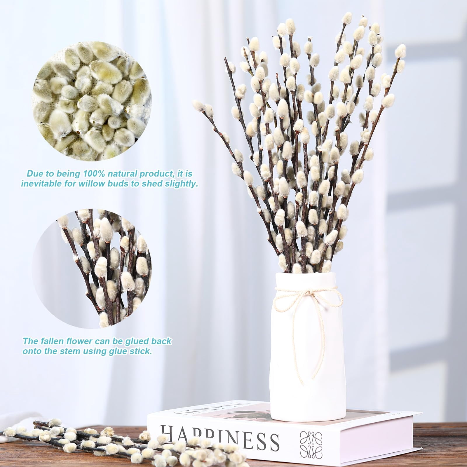40Pcs Natural Preserved Dried Pussy Willow Branches for Vases, 15.7" Stems Real Willows, Snow Pussywillows, Dried Flowers for Indoor and Outdoor Decor, Wedding Home DIY Floral Art Plants Fireplace
