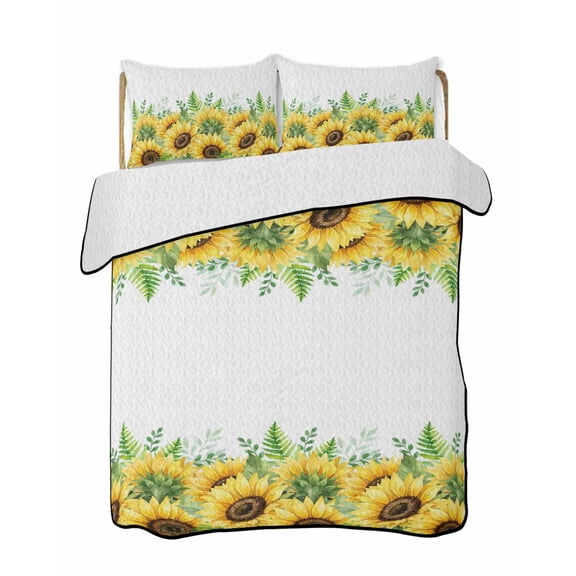 Quilts Full Size Bedding Set, Summer Sunflowers Lightweight Quilted Comforter, Botanical Yellow Flowers Leaves Plants Soft Reversible Bedspread Coverlet with Pillow Covers for All Season, 78" x 90"
