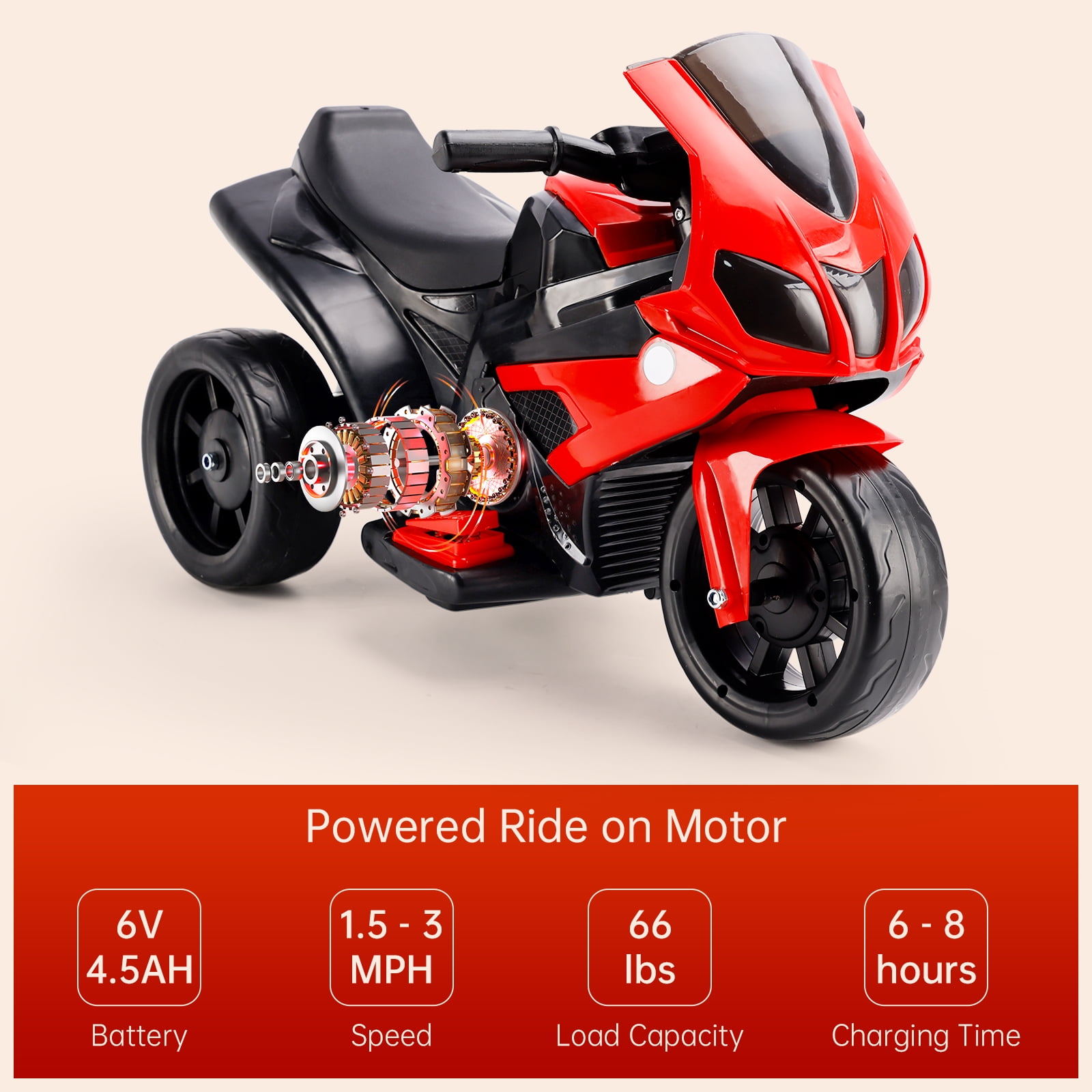 Bruce&Shark Kids Ride on Motorcycle Toy, Electric Dirtbike Three Wheels Bike with Remote Control, Music and Headlight for Toddler, Red Stroller Substitute Vehicles