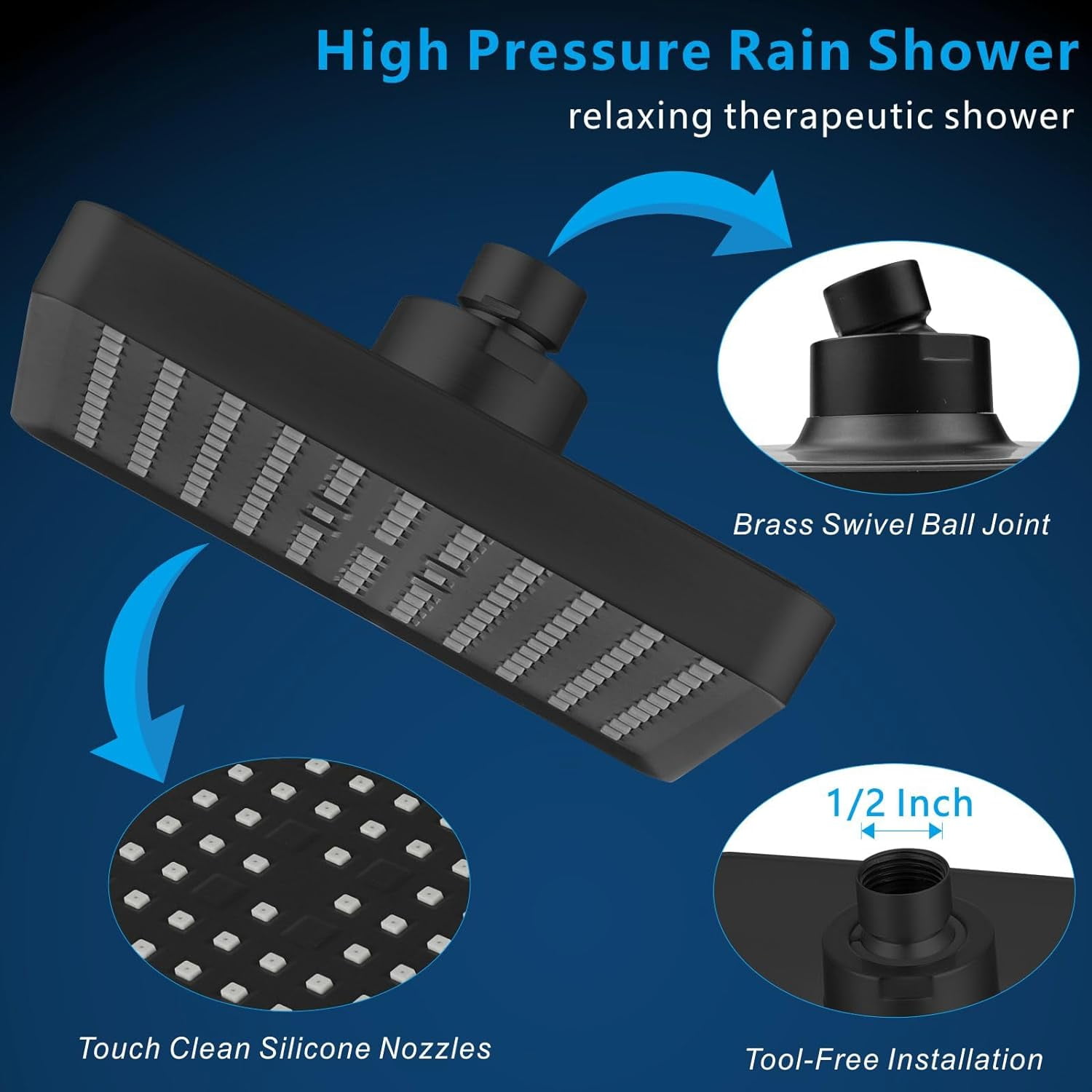 MY High Pressure Rain Shower Head - Luxury Modern Look - The Adjustable Replacement For Your Bathroom Showerhead - 6" Square High Flow Pressure Boosting Showers (Matte Black)