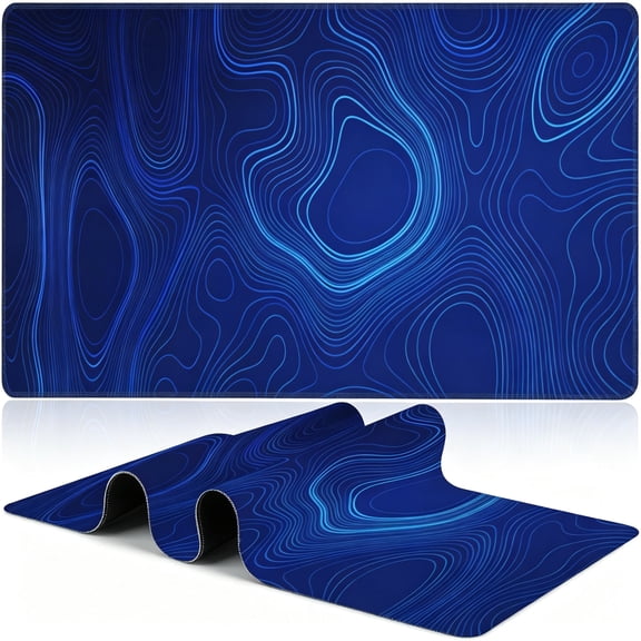 GJX Abstract Topography Design Desk Mat,Large Dark Blue Topographic Line Art Gaming Keyboard Mouse Pad,Non-Slip Rubber Base Desk Pad Thick Stitched Edges Mousepad Mouse Mat 31.5"X11.8"