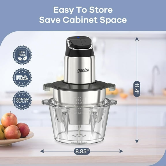 Food Processor with 2 Speeds, 8 Cup Glass & Stainless Steel Bowls, Overheat , Includes Clean Brush