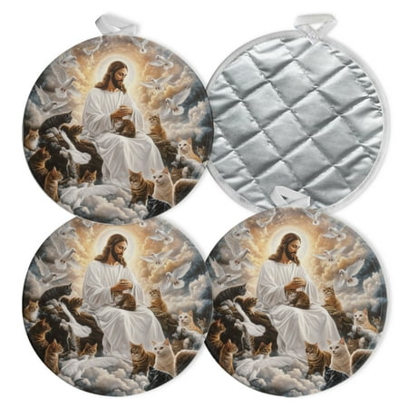 

4 PCS Pot Holders for Kitchen Potholders Sets with Hook for Oven Cooking Baking Jesus Sitting On Clouds With Many Cats