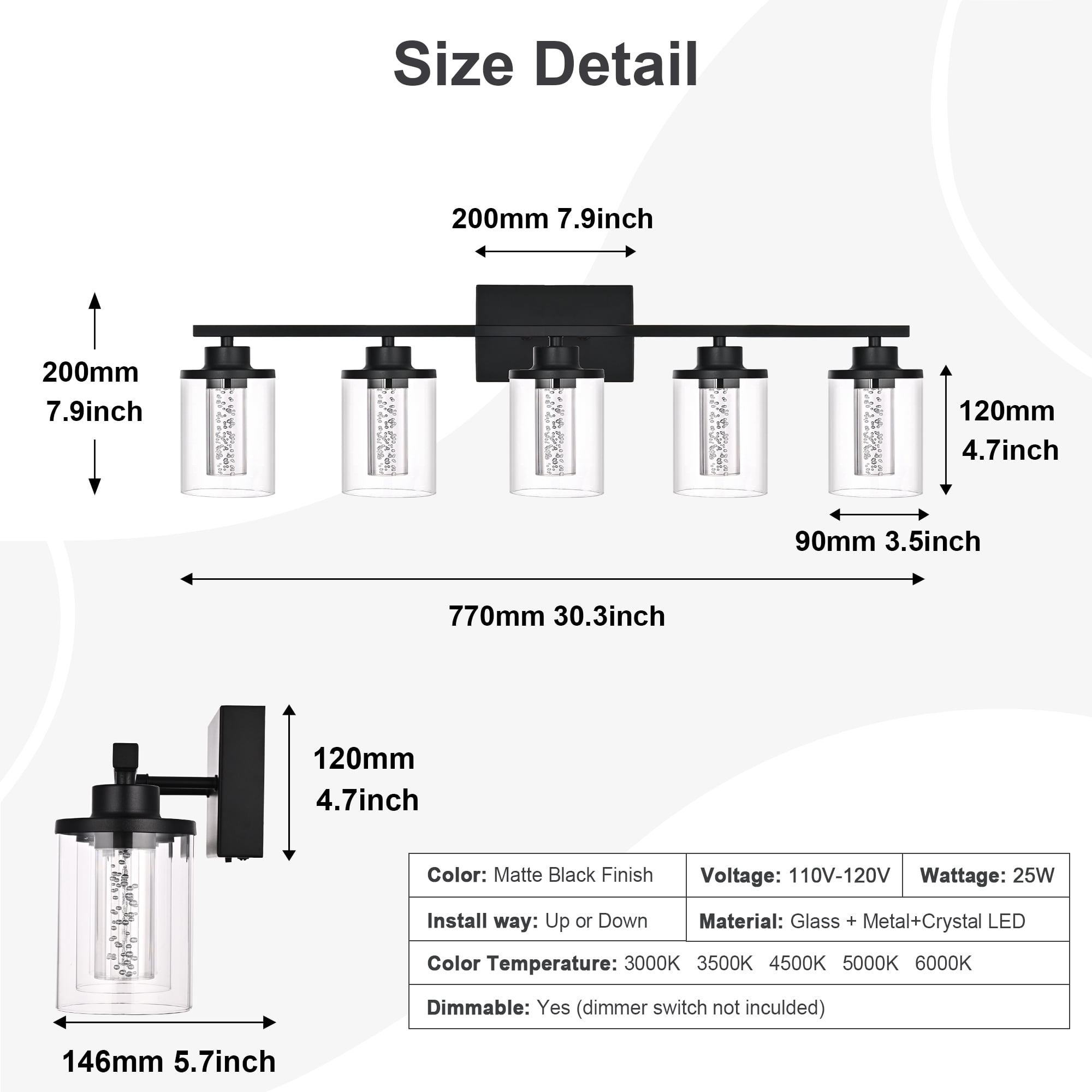 Melucee 5CCT Dimmable LED Black Vanity Lights 5-light, Modern Vanity Lighting Fixtures with Crystal Light Columns and Clear Glass for Bathroom Bedroom