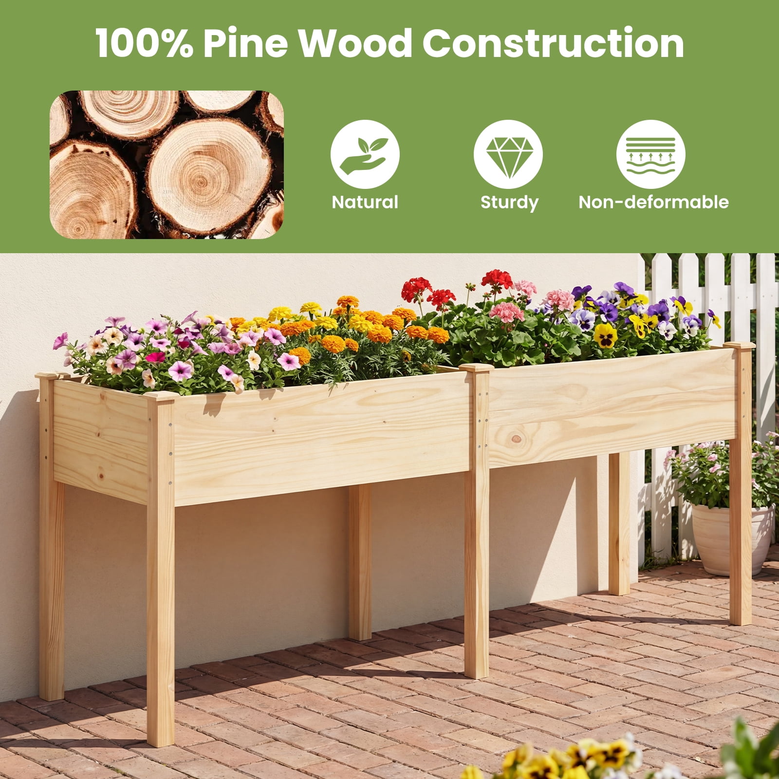 Costway Raised Garden Bed Elevated Pine Wood Planter Box with 2 Large Planting Areas Beige