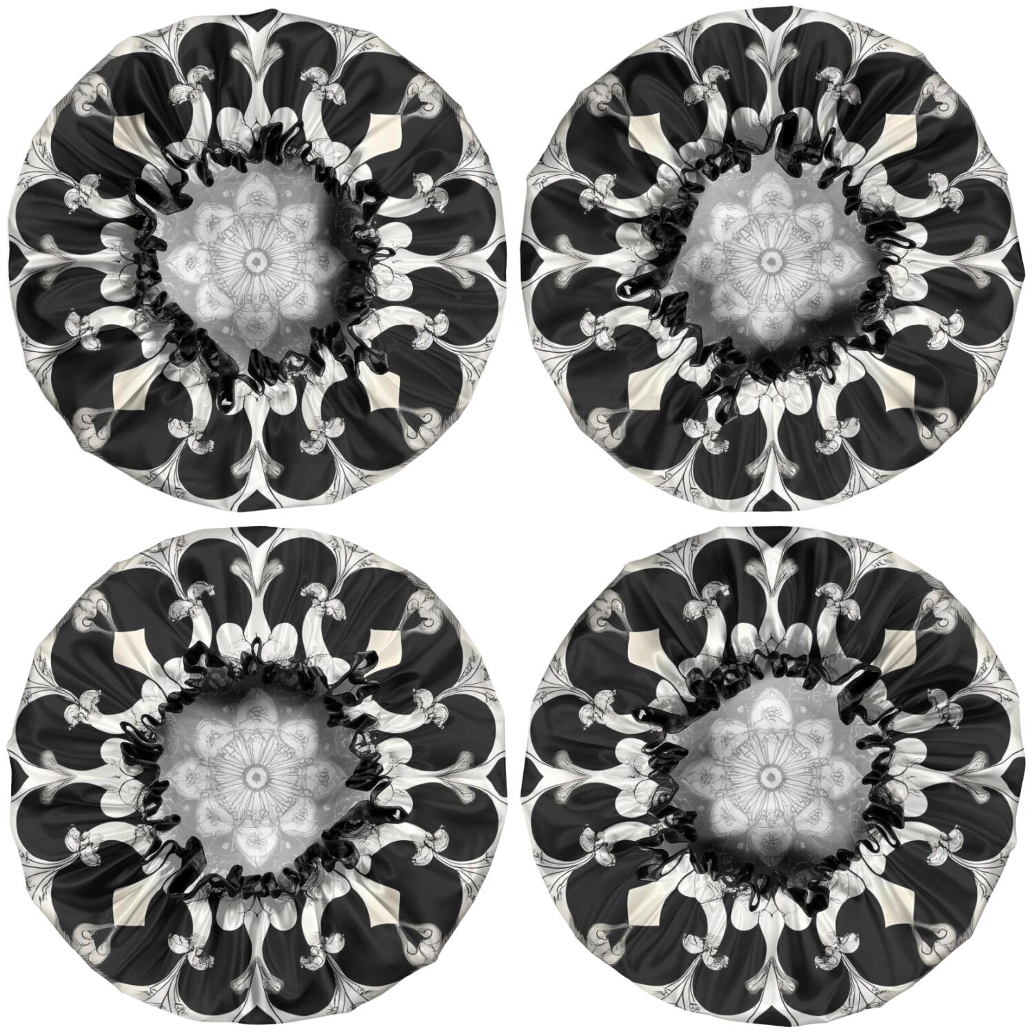 Shower Caps,Black White Tie Dye Mandala Pattern Waterproof Shower Cap for Women 4 Pieces,Double Reusable Hair Cover for Shower PEVA Elastic Stretch Hem