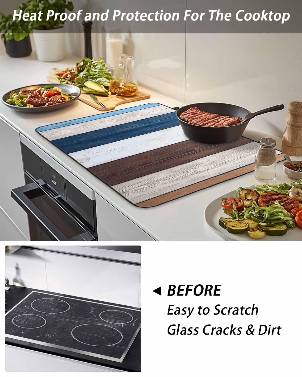 Stove Top Covers for Electric Stove, Blue Brown Farmhouse Glass Stovetop Cover Protector, Vintage Retro Wooden Induction Cooktop Protector Oven Mat for Kitchen Countertop 24"x21"