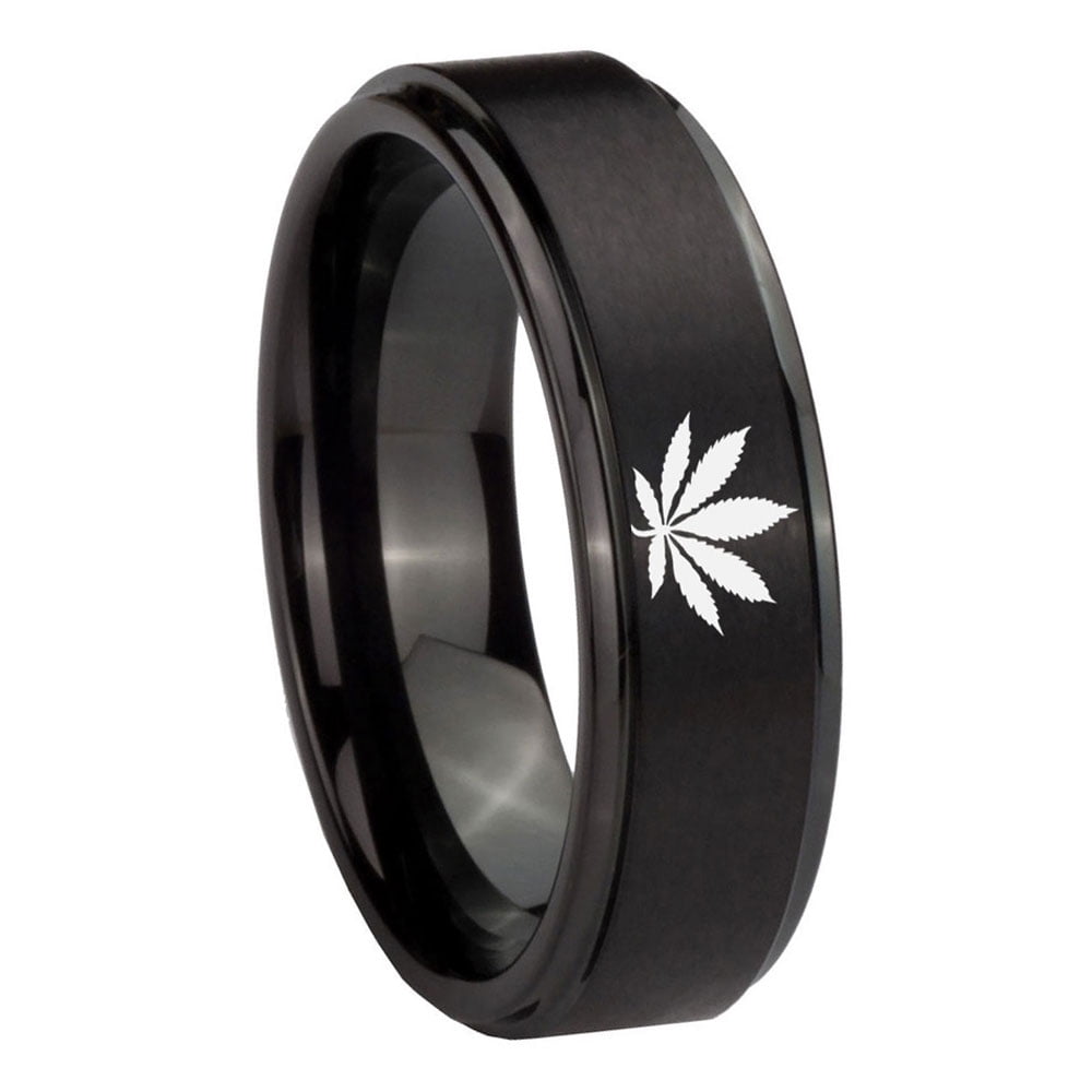 RATUNGSTEN Tungsten Marijuana Cannabis Leaf Ring, 8mm Brushed Black