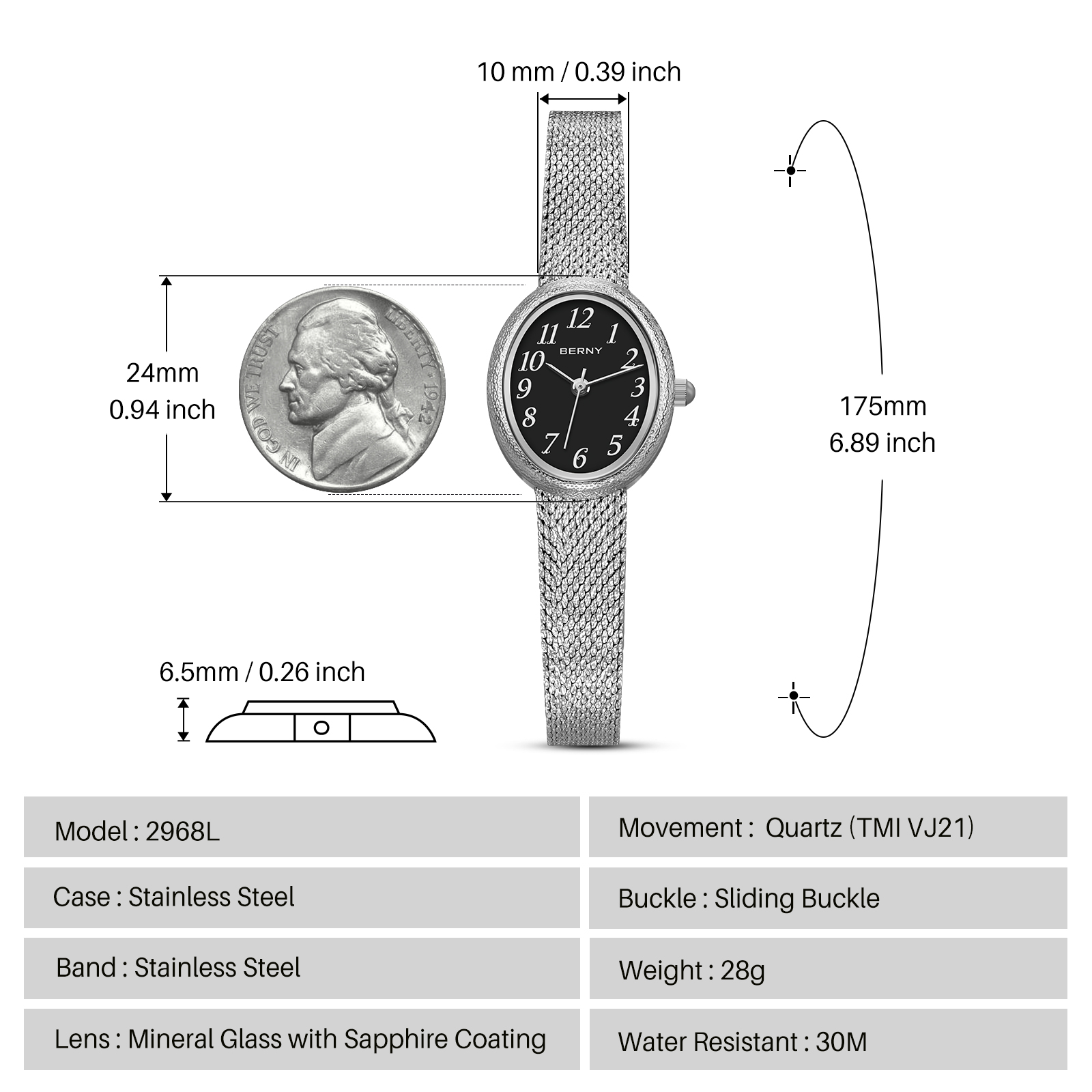 BERNY Small Silver Watches for Women, Dainty Easy to Read Oval Dial, Vintage Stainless Steel Bracelet Watch, Adjustable Mesh Band, Waterproof, Luxury Ladies Analog Quartz Wrist Watch Gifts (Black)
