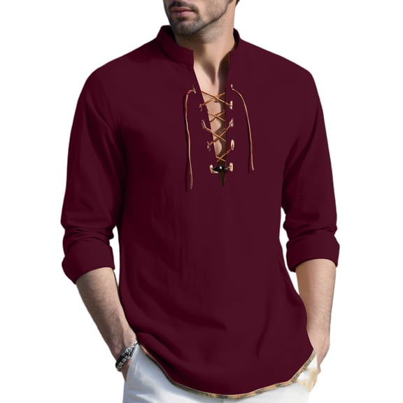 BVWKPCV Mens Renaissance Shirt Medieval Pirate Viking Halloween Costume Gothic Retro Long Sleeve Lace Up Shirts Coffee S