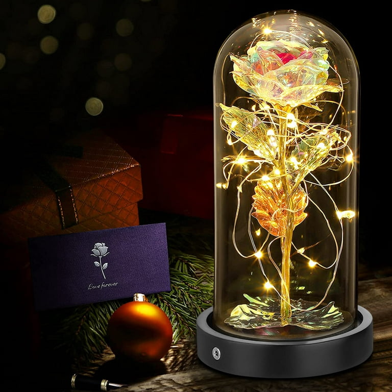 Wooden Battery Glass Gift Artificial Forever Powered Galaxy & Night In Light USB Rose Dome String with LED Decorative Light On Rosnek Base, Rose Flower