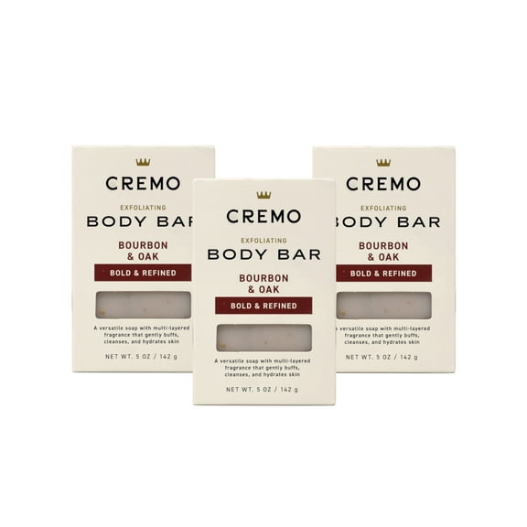 3 Pack - Cremo Exfoliating Body Bar for Men, Bourbon & Oak Scent, Multi-Layered Fragrance That Buffs, Cleanses and Hydrates Skin, 5 OZ