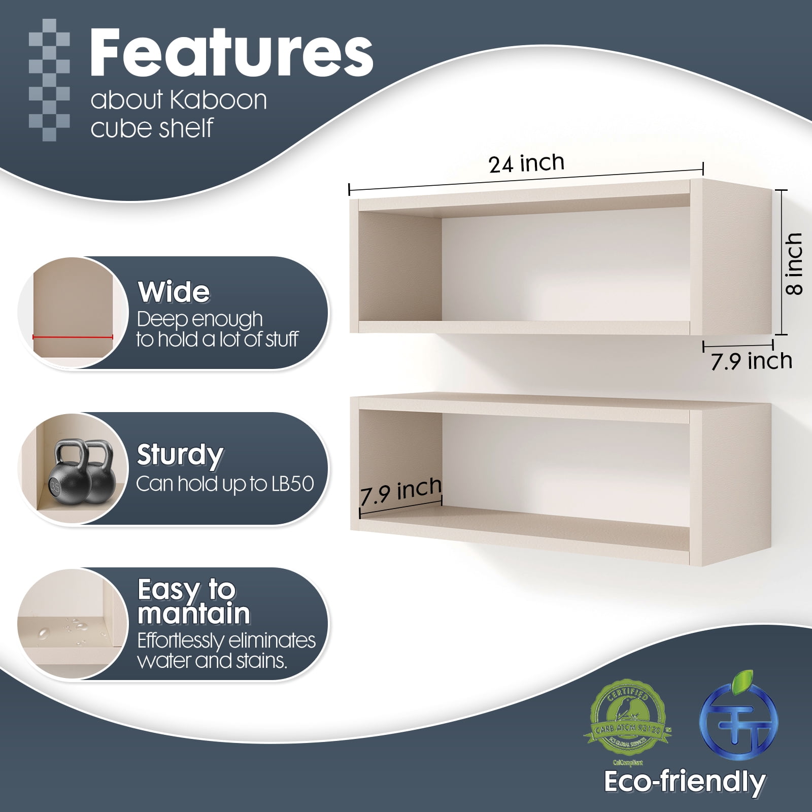 Kaboon 24" Floating Cube Shelves, Set of 2, Wall Mount Decorative Hanging Shelves, Beige Leather