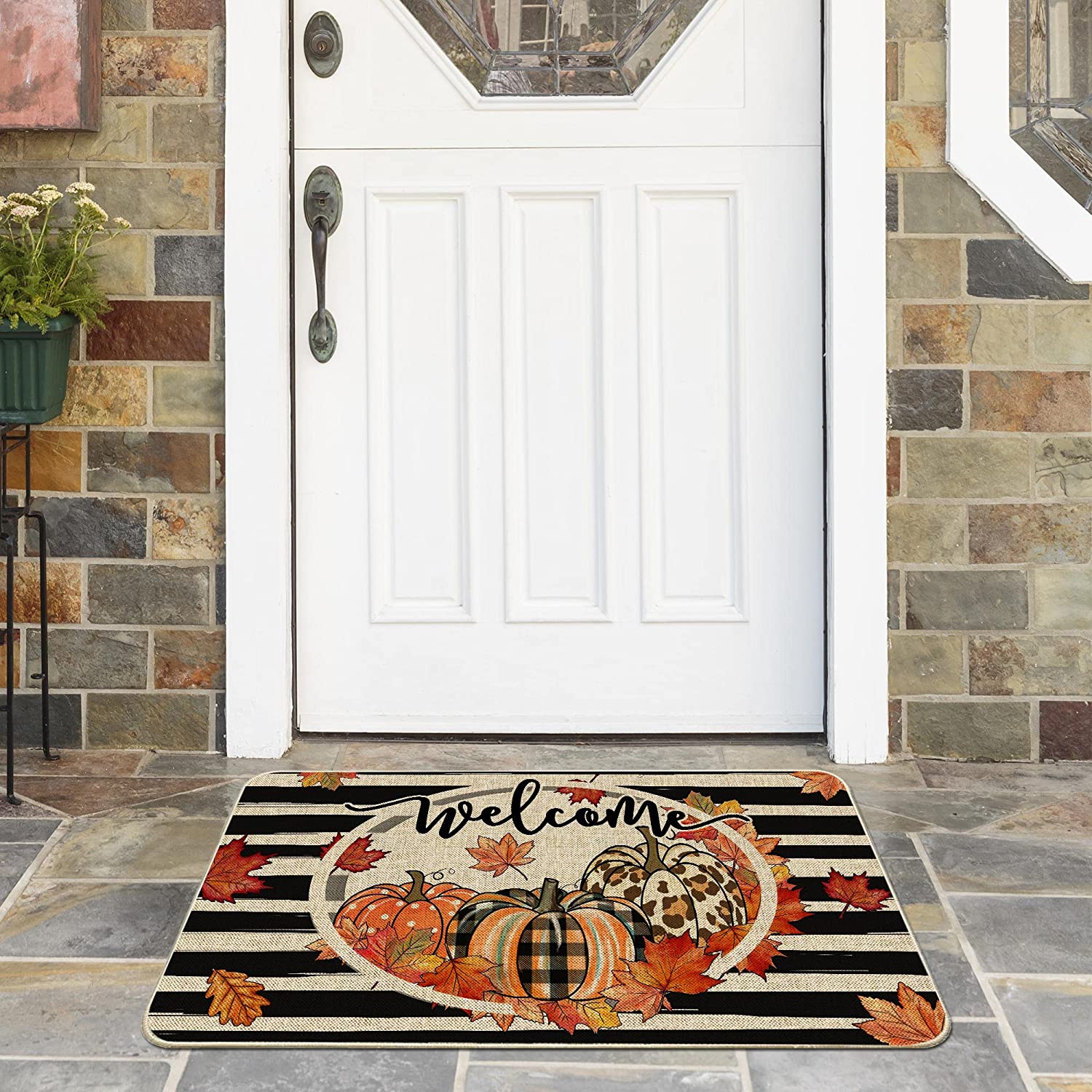 Hexagram Fall Door Mats 17x30 Inch, Fall Welcome Mats Outdoor, Autumn Fall Pumpkin Farmhouse Buffalo Plaid Doormats for Front Door Decorations, Decorative Fall Decor for Home