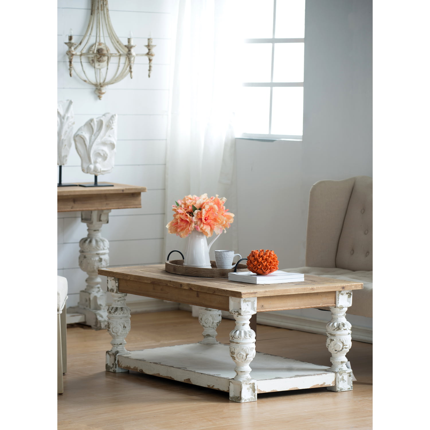 A and B Home AB-41157 33 L Rectangle White and Natural Fir Wood/MDF Indoor Alcott Coffee Table 