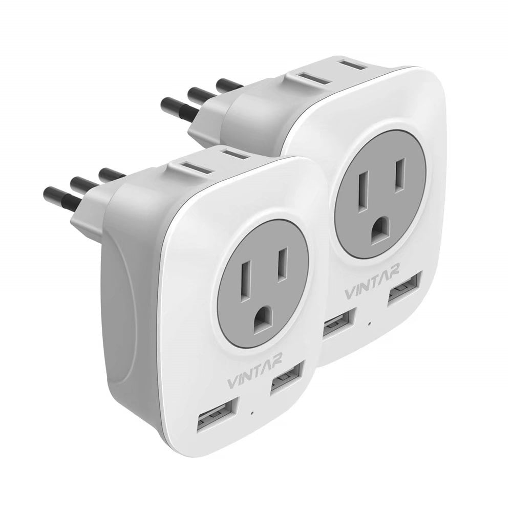VINTAR 2 Pcs Italy Travel Adapter Power Plug Socket, International Plug Adapter with 2 USB and 2 American Outlets, AC Outlet Adaptor for USA to Italy Uruguay Chile Lybia Ethiopia Syria Tunisia (TypeL)