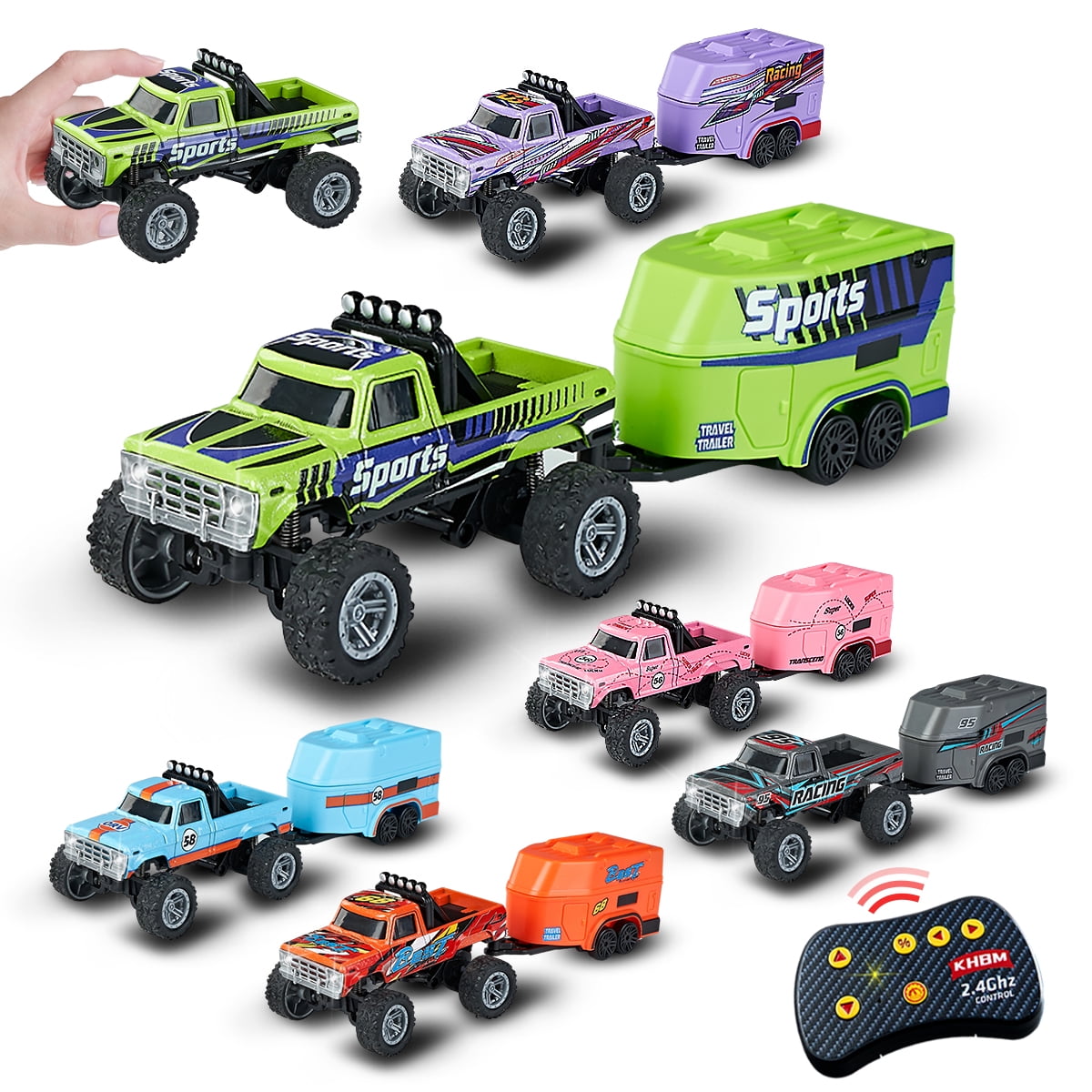 1: 64 scale Bigfoot with trailer remote control car - equipped with lights, 2.4GHz remote control, alloy structure, supporting speed regulation/steering