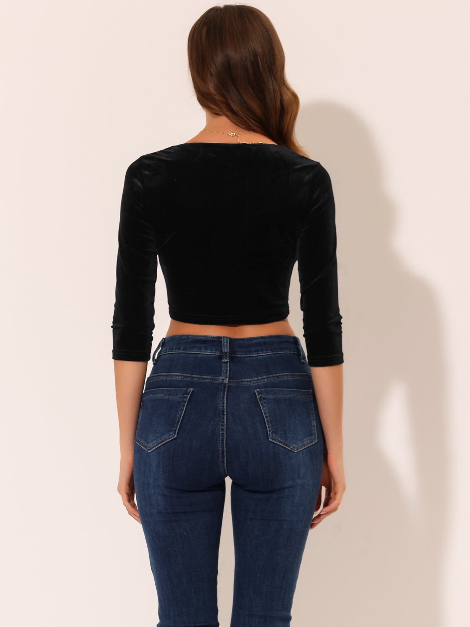 DARING DIVA 3/4 Sleeve Cropped Velvet Blouse S Black
