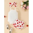 thumbnail image 5 of Yunliwuli Baby Girl Summer Clothes Strawberry Print Sleeveless Romper and Elastic Shorts Headband Set 3 Piece Outfits, 5 of 10