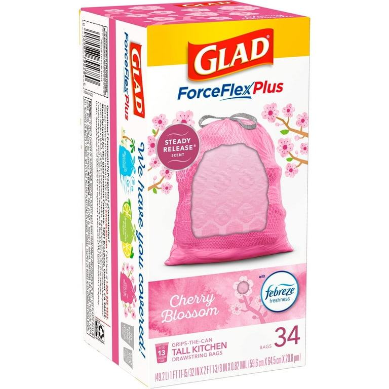 Glad ForceFlex MaxStrength 13 gal. Cherry Blossom Scent Pink Kitchen Drawstring Trash Bags (Pack of 10), Size: 1 ea