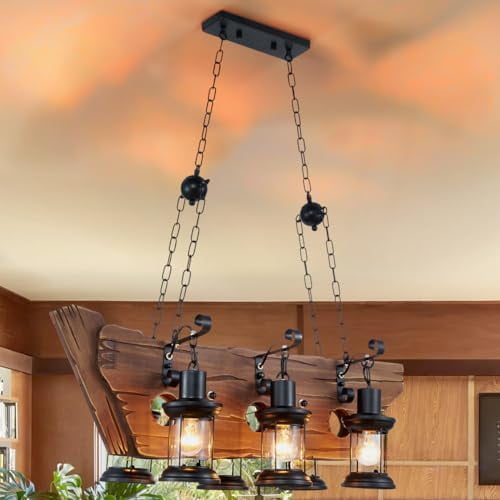 Farmhouse Chandelier Wood Hanging Industrial Pendant Lighting Vintage Ship Style Ceiling Light Fixture 6 Light for Pool Table Kitchen Island Bar Dining Living Retro Hanging Lamp