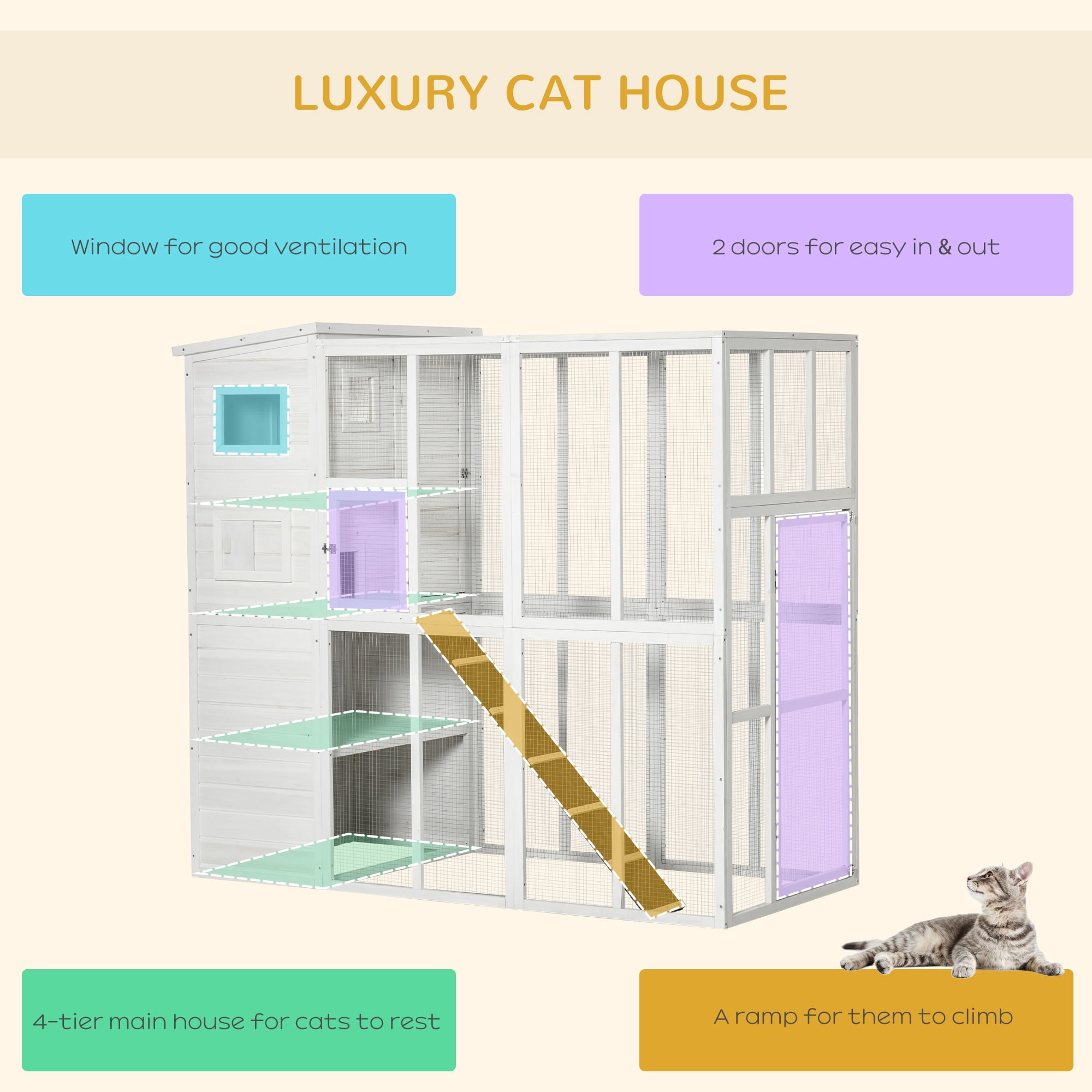 PawHut Large Wooden Outdoor Cat House Kitten Enclosure with Large Run, Asphalt Roof, Catio for Lounging, and Condo Area for Sleeping - 77"L, White