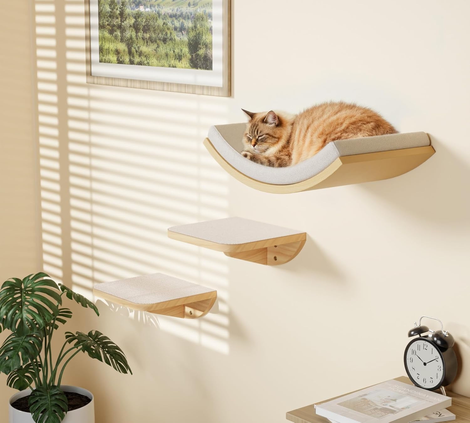 PELUOMOZ Cat Stairs, 2-Piece Wall-Mounted Wooden Steps with Scratching Mat, Climbing Shelf for Perch Platform