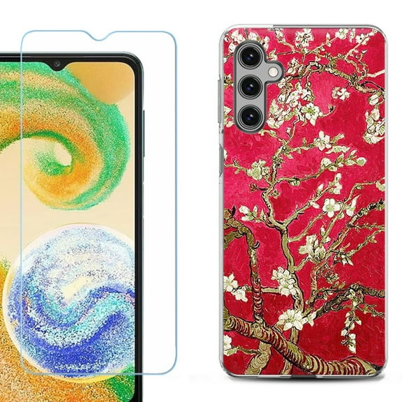 Shockproof Gel Phone Case for Samsung Galaxy A14 5G, with Tempered Glass Screen Protector, by OneToughShield ® - Almond Blossom Red