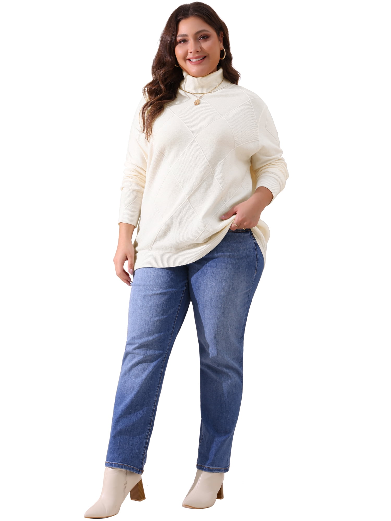 DARING DIVA Plus Size Long Sleeve Turtleneck Novelty Sweater 2X Cream White