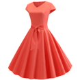 thumbnail image 3 of Red Dresses Vintage V Neck Short Sleeve Solid Color Casual Dress Cocktail Evening Dress Prom Dresses 2024, 3 of 5
