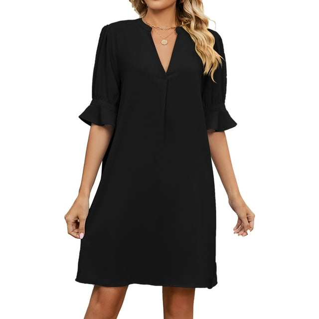 QIPOPIQ Robes Midi pour Femmes à Étages à Manches Courtes Robes Décontractées Aguichant Tendance Robe d'Été Col en V Ample Robe Unie Offres 2023