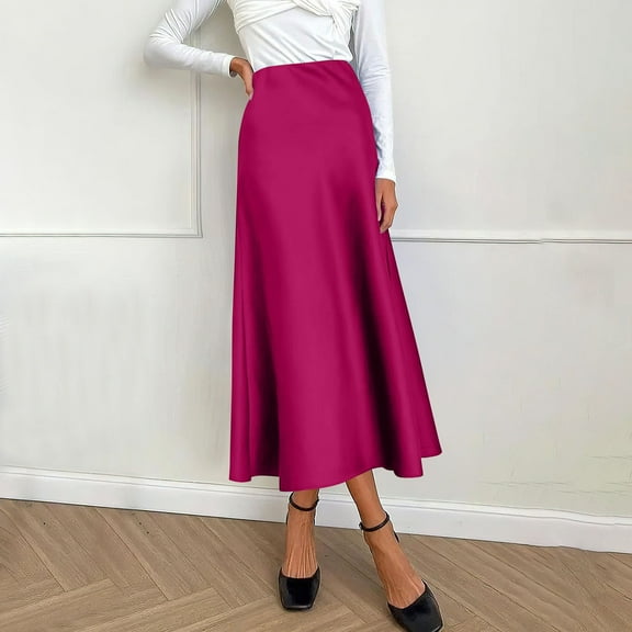 STAOEDU Womens Satin Skirts Casual Silk Midi Skirt High Waisted Long Skirts Zipper Elegant Work Skirts