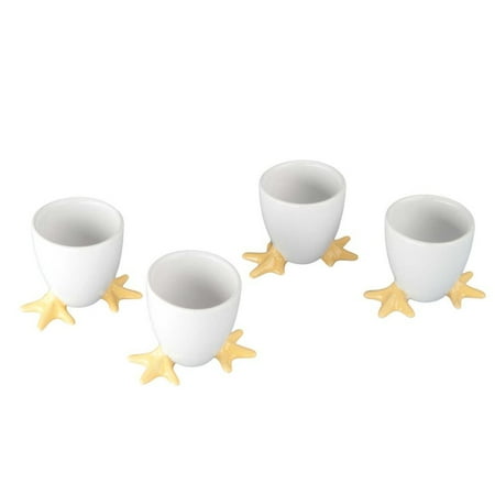 Porcelain Egg Cup Set - Cordon Bleu White Porcelain Egg Cups with Yellow Chicken Feet - Set of 4