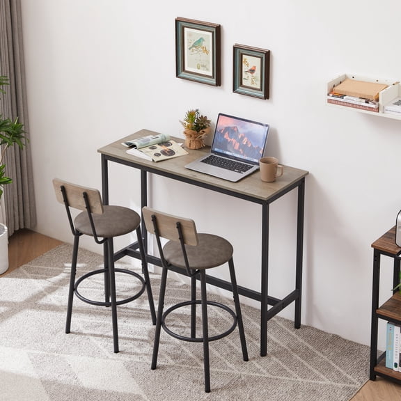 Grey Bar Table Set with 2 PU Soft Seat Backrest Stools Space Saving Industrial Pub Table Set for Home Kitchen Bar