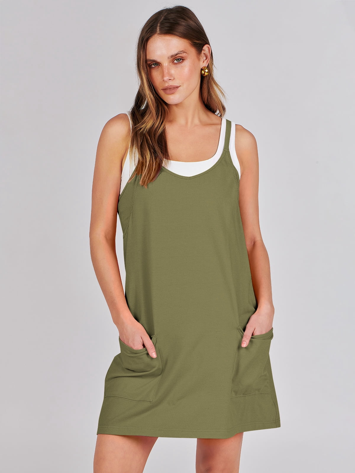 ANRABESS Athletic Dress for Women Tennis Dress with Shorts Summer Active Workout Romper Dress Sleeveless Spaghetti Strap Mini Dress Casual Sundress Vacation Outfits Army Green L